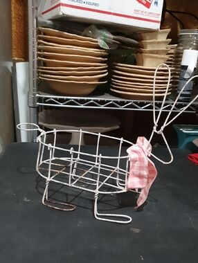 White Wire Rabbit Basket with Pink Gingham Bow Accent